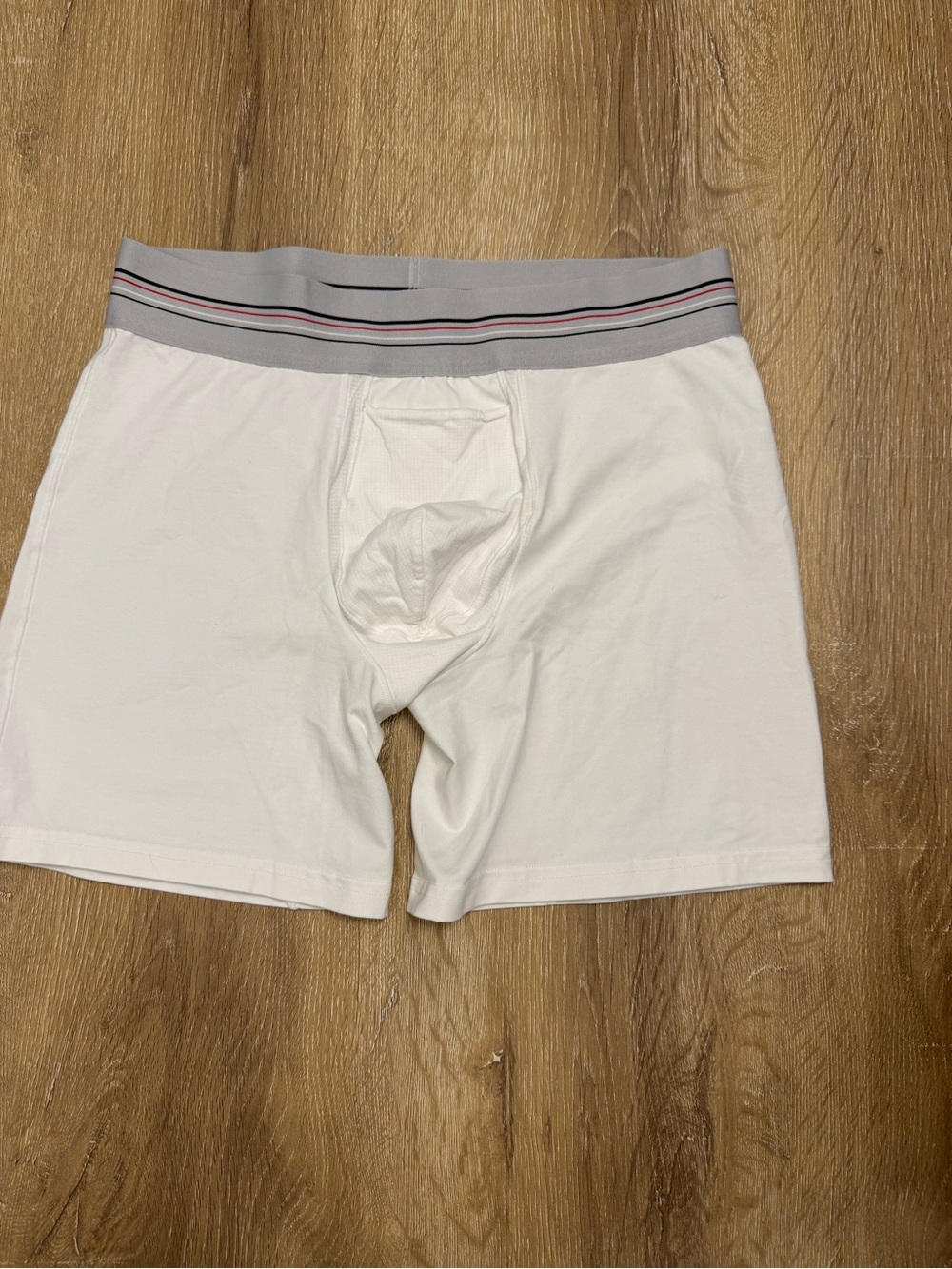 SPANX White Boxer Briefs with Gray Waistband and Thin Accent Stripes